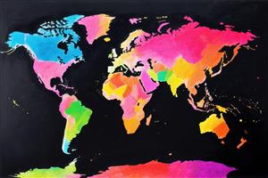 نقشه جهان با رنگ‌های فلورسنت و شاداب بر زمینه مشکی، مناسب دکور