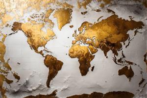نقشه جهان برجسته طلایی با اقیانوس‌های سفید بافت‌دار (نقشه دکوراتیو با کنتراست قوی طلایی و سفید، سبک مینیمال خشن)