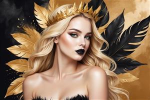 پرتره ملکه‌ بلوند با تاج و پرهای مشکی و طلایی (تصویر زن با موهای موج‌دار، آرایش تیره و پس‌زمینه لوکس سیاه و طلایی)