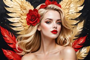 فرشته مو بلوند: زن با رز قرمز و بال‌های برگ طلایی در پس‌زمینه تاریک