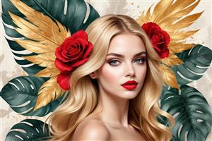 پرتره استوایی فرشته: زن بلوند با گل‌های رز در مو و برگ‌های مونسترا سبز و طلایی