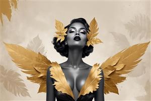 پرتره سیاه سفید زن با بال و تزئینات برگ طلایی؛ تابلوی باکیفیت و شیک