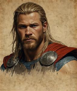 پوستر پرتره ثور با زره، تصویر باکیفیت برای چاپ با جزئیات زره روی شانه و موهای بلوند