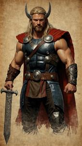 طرح چاپی ثور با شمشیر و کلاه‌خود شاخدار، تصویرسازی باکیفیت با پس‌زمینه قدیمی