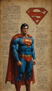 پوستر اورجینال سوپرمن ایستاده، تصویرسازی باکیفیت با نماد اس و پس‌زمینه طراحی‌های مهندسی