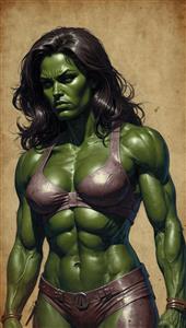 پرتره شی هالک با لباس قهوه‌ای چرمی و تمرکز بر عضلات و جزئیات پوست، مناسب چاپ بوم