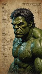 پرتره کلوزآپ هالک با جزئیات پوست و صورت خشمگین در زمینه نوشته