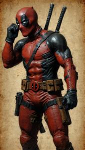 تصویر ددپول در ژست کنایه‌آمیز با ماسک و شمشیر در پشت