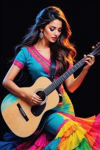 زن گیتاریست با موهای موج‌دار و لباس گلدوزی شده در حال نواختن گیتار چوبی