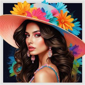 کلوزآپ زن باکلاس با کلاه صورتی لبه‌دار و گوشواره‌های مرواریدی و گل‌های شاد