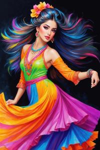 رقص فلامینگو زن جوان با موهای رنگین‌کمانی و لباس مجلسی شاد و پرچین