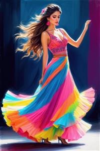 زن با لباس ماکسی رنگین‌کمانی و موهای مواج، در حال رقص (نقاشی دیجیتال)