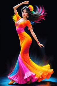 رقصنده فلامنکو با لباس عروسکی رنگارنگ و موهای در حال پرواز (تصویر فشن)