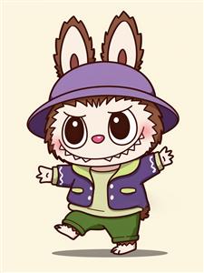 عکس لبوبو کارتونی با کلاه بنفش و ژاکت سبز برای دکور اتاق نوجوان