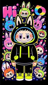 طرح نئونی لبوبو با کلاه مشکی برای پوستر دکوراتیو اتاق نوجوان