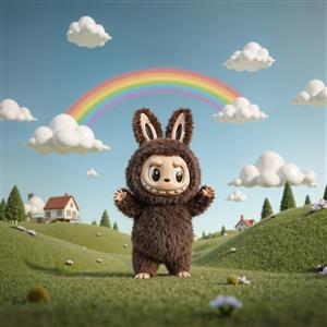 تصویر لبوبو پشمالوی قهوه‌ای در مزرعه با رنگین‌کمان برای اتاق کودک