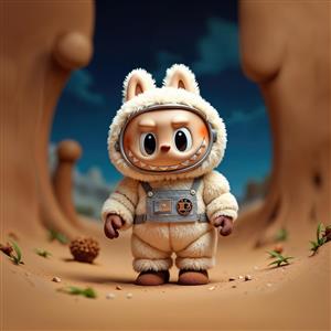 عکس شخصیت لبوبو با لباس فضانوردی در صحرای شنی برای تابلو دکوراتیو