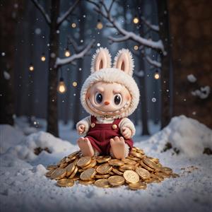 تصویر لبوبو روی سکه‌های طلا در جنگل برفی فانتزی