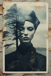 تصویر پرتره زن با درخت کاج در پس‌زمینه برای پوستر گوتیک و مینیمال