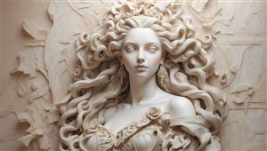 تصویر پرتره مجسمه زن با رز و موهای مجعد برای ماگ و پرده