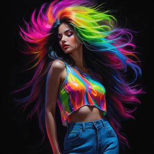 تصویر مدل زن با موهای نئونی و لباس‌های رنگارنگ برای چاپ پرده