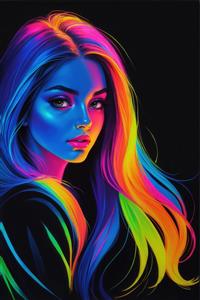 تصویر دختر با نور نئون آبی و موهای رنگین‌کمانی برای تابلوی مدرن