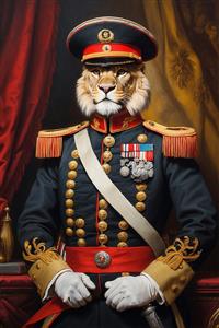 عکس شیر ژنرال با یونیفرم مشکی پرمدال برای پوستر دیواری لاکچری