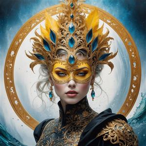 طرح زن ماسک‌دار پرطلایی و آبی برای تابلو دکوراتیو مدرن
