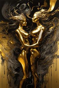 تصویر مجسمه‌ای دو زن طلایی در آغوش با موهای روان و پس‌زمینه آبستره
