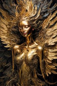 عکس باکیفیت چهره فرشته زن با مو و بال طلایی برای چاپ روی بوم