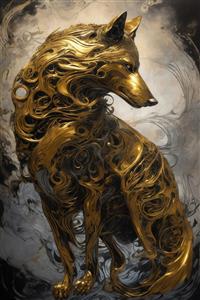 تصویر گرگ نشسته طلایی و سیاه با طرح‌های فانتزی برای روتختی