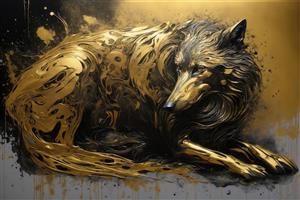 عکس گرگ درازکشیده انتزاعی طلایی با حال و هوای لوکس برای پوستر دیواری
