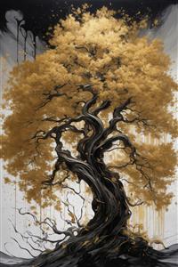 عکس درخت تنومند با شاخه‌های درهم طلایی و تنه مشکی برای چاپ عریض