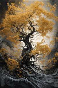 تصویر درخت باشکوه با ریشه‌های درهم و برگ‌های طلایی برای چاپ عریض