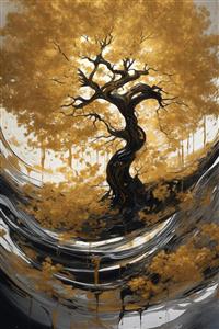 تصویر درخت با برگ‌های طلایی و محیط موج‌دار برای چاپ روتختی باکیفیت