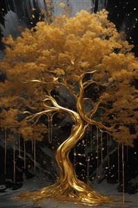 تصویر درخت با تنه طلایی و قطرات طلای مایع برای پوستر دیواری لوکس
