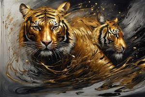 تصویر دو ببر طلایی فانتزی در میان مایع طلایی برای چاپ روتختی باکیفیت