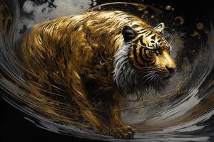 تصویر ببر طلایی قوی در میان گرداب سیاه و طلایی برای چاپ روی کوسن