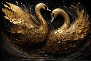 تصویر دو قو طلایی درخشان با پرهای ریز برای چاپ تابلو پذیرایی