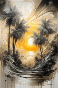 تصویر نخل‌های لوکس سیاه و سفید با خورشید طلایی در غروب دکوراتیو