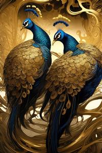 عکس دو طاووس آبی طلایی در پس‌زمینه انتزاعی طلایی برای پوستر