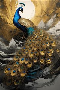عکس طاووس باشکوه طلایی آبی در محیط کوهستانی برای چاپ پرده