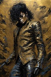 عکس مایکل جکسون با ژاکت چرمی طلایی و سیاه با حس غمگین