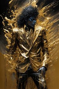 پرتره مایکل جکسون با کت طلایی و شلوار چرمی سیاه در حال رقص