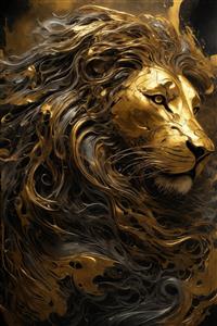 طرح نمای نزدیک شیر طلایی و سیاه با یال‌های مجعد دکوراتیو