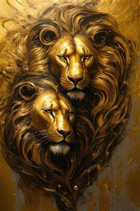 تصویر دو شیر طلایی با یال‌های در هم پیچیده و آبستره لوکس