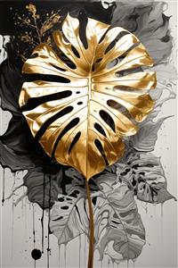 عکس برگ مونسترا طلایی و سیاه با رگه‌های جوهر روی زمینه روشن