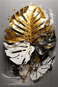 پوستر برگ مونسترا طلایی و سفید با زمینه خاکستری و طرح آبستره