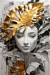 تصویر پرتره زن با برگ مونسترا طلایی برای تابلو دکوراتیو لوکس