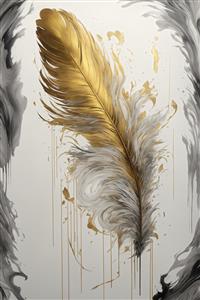 تصویر پر طلایی با پاشش‌های رنگ و پرهای سفید روی زمینه روشن برای دکور